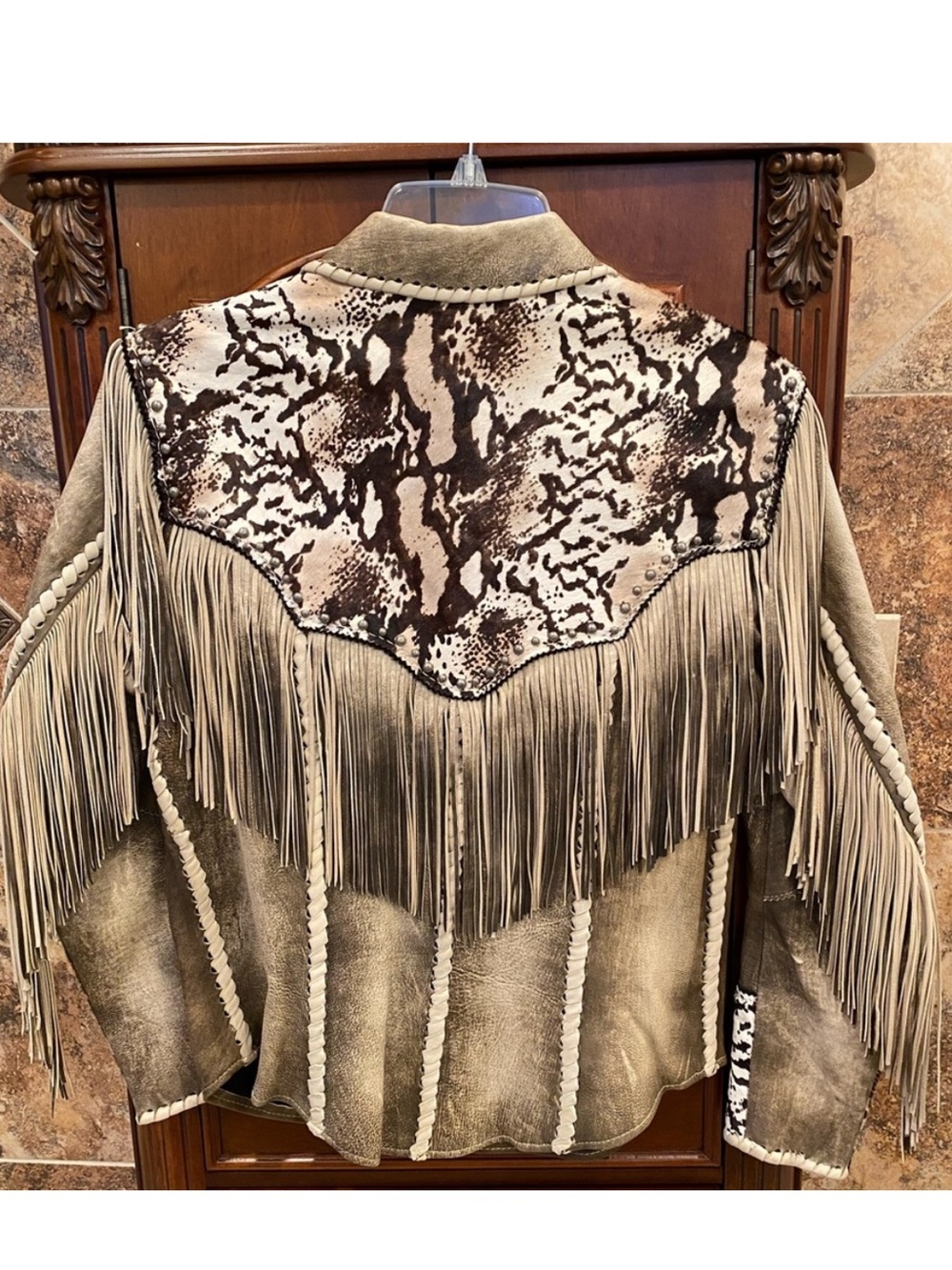 Fringed Leather Jacket with Animal Print Accents - Beige/Brown - Picture 2 of 4